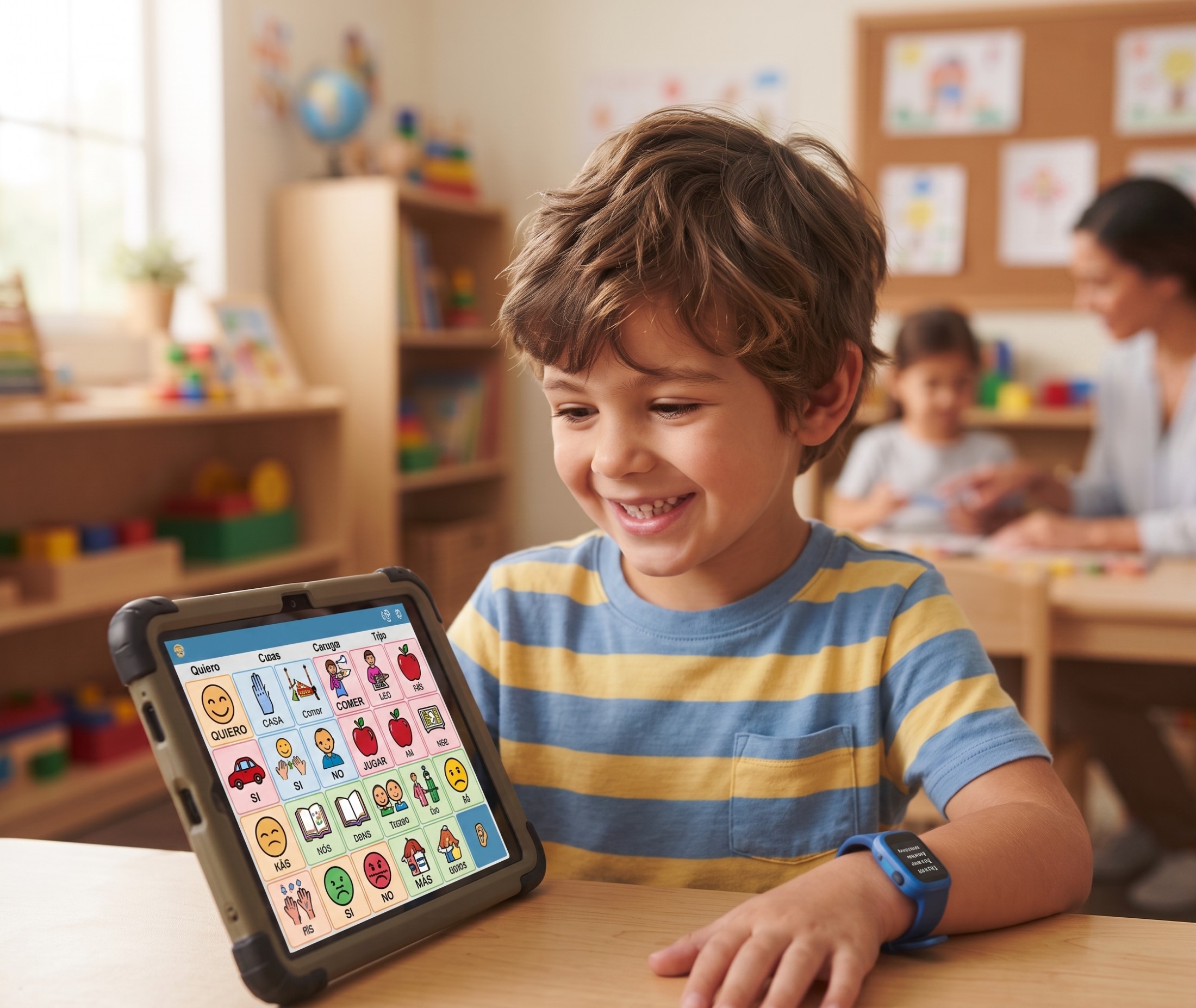 Niño usando la app de comunicación Mi Voz Crece
